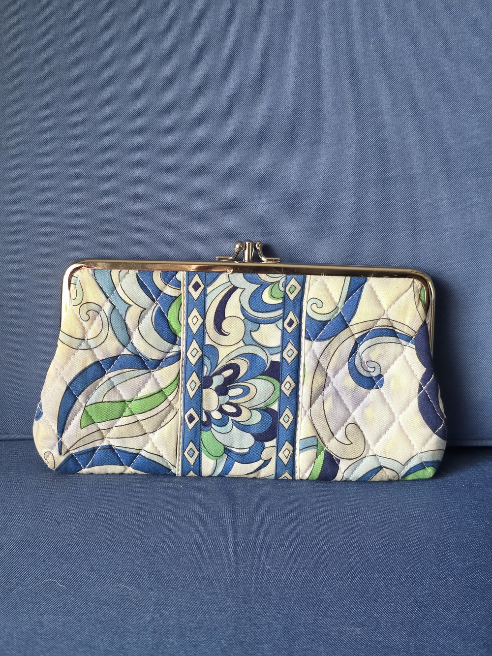 Vera Bradley Quilted Framed Clutch Wallet Blue Floral Double Kiss Lock